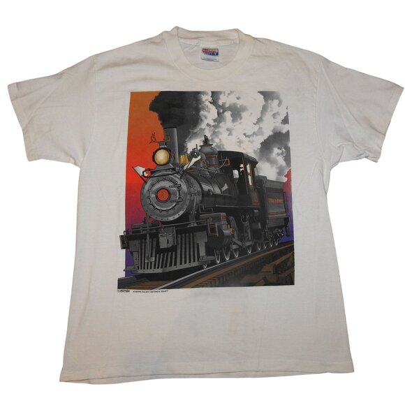 Vintage Sierra Railway White Steam Train Graphic Railroad 90s Tee T-Shirt Large - Picture 1 of 8